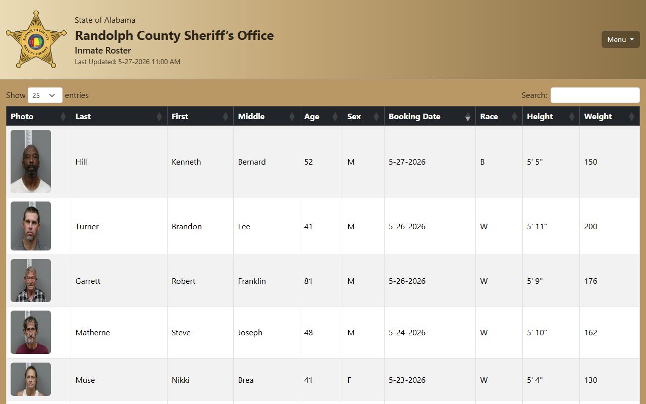 Randolph County current inmate roster with booking photos and jail record fields