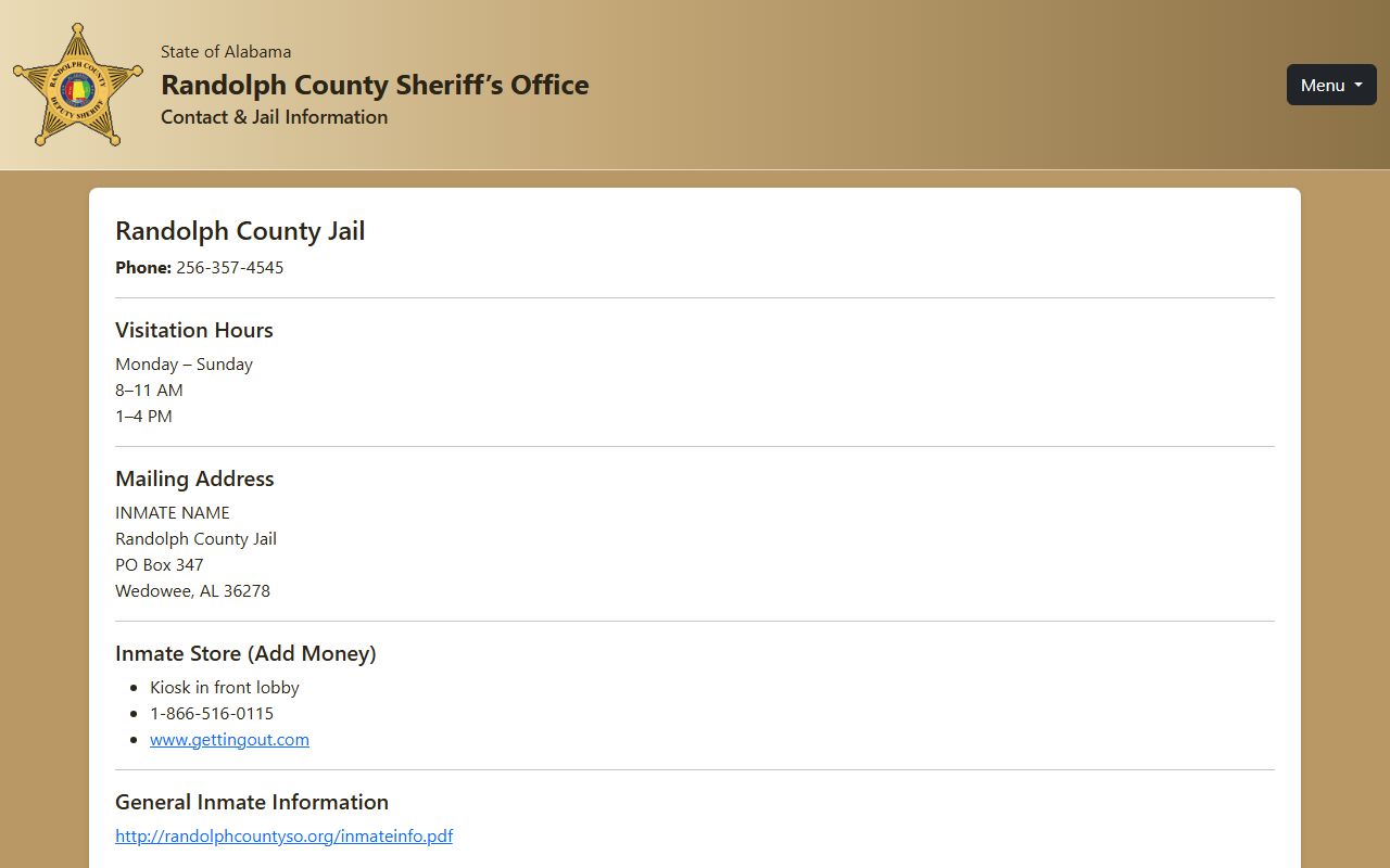 Randolph County jail contact page for inmate records visitation and deposits